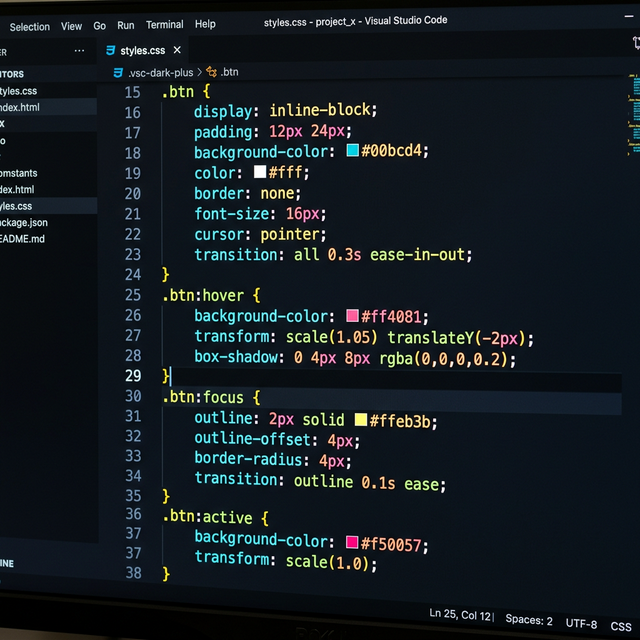 Código CSS mostrando propiedades de transition y pseudo-clases hover y active.