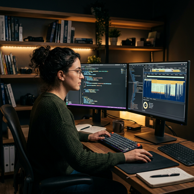 Desarrolladora revisando la jerarquía del DOM y el inspector de rendimiento en Google Chrome DevTools.