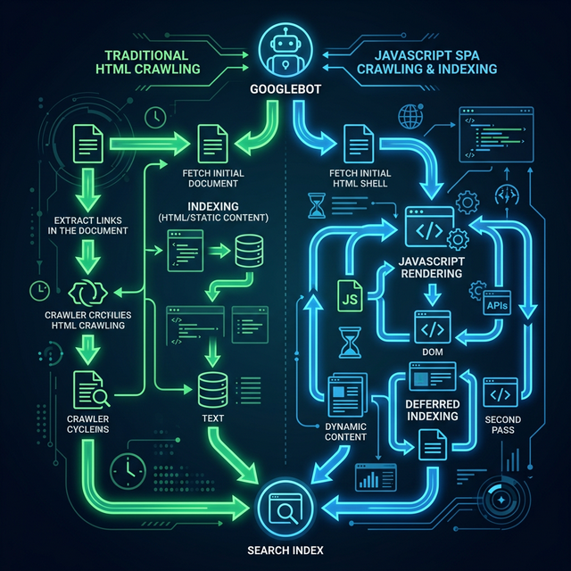 Diagrama visual de cómo Googlebot rastrea e indexa una página HTML vs una aplicación Single Page.