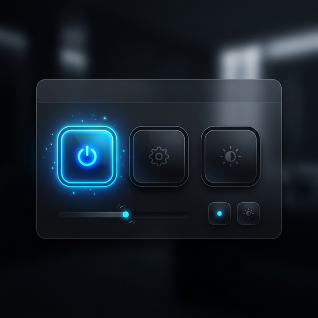 Detalle de una interfaz minimalista iluminada con luces de neón azules indicando interacción.