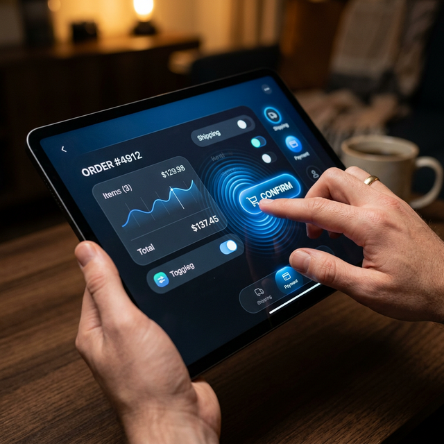Mano interactuando con una pantalla táctil que muestra feedback visual inmediato.